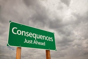 Consequences Just Ahead Green Road Sign with Dramatic Storm Clouds and Sky.